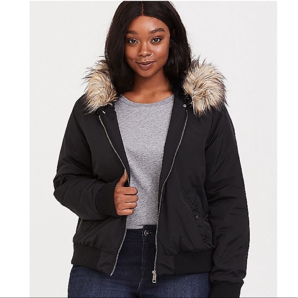 NWT - Torrid Black Bomber Jacket w/ Faux Fur Hood